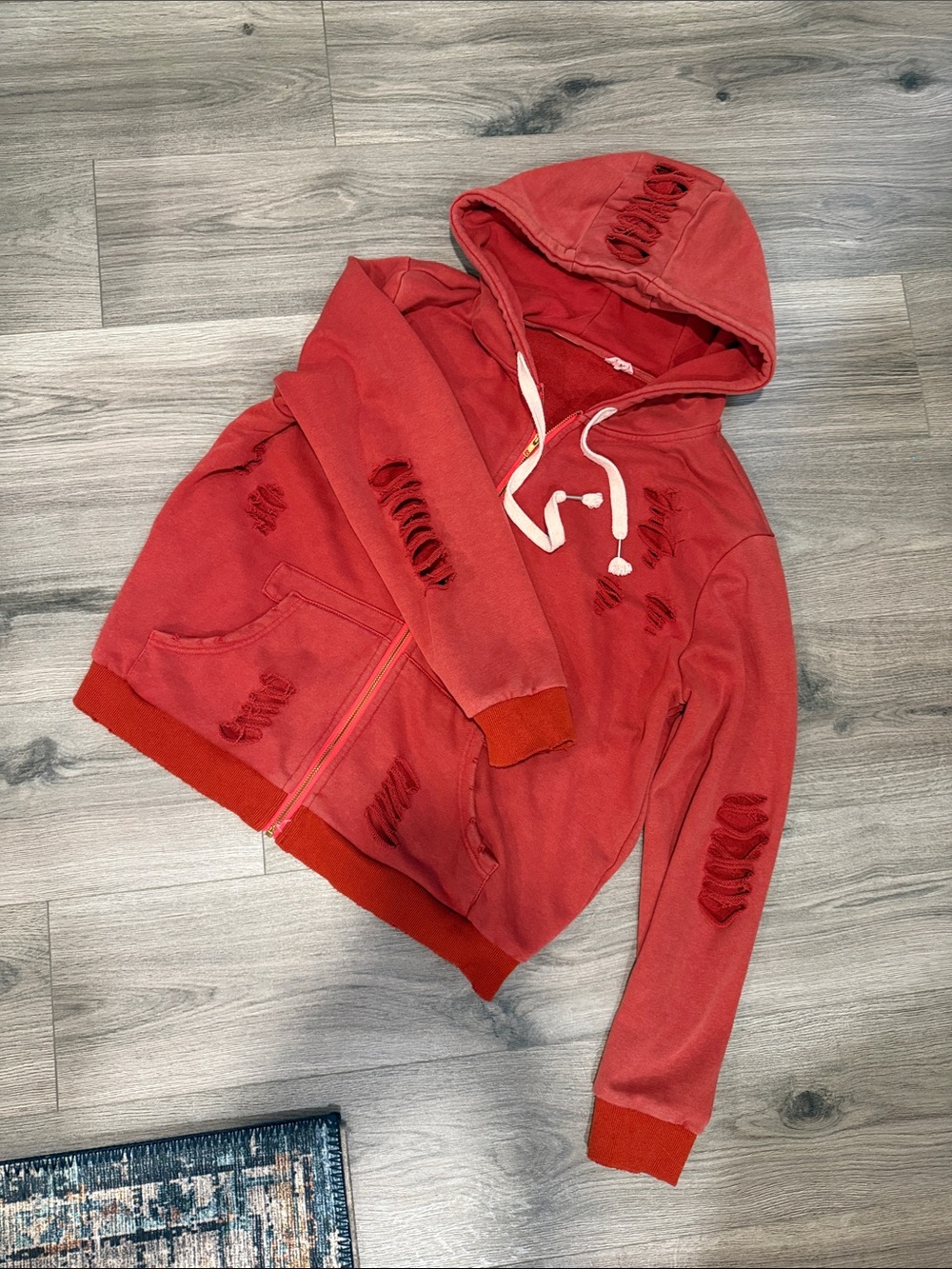 POL Red Distressed Zip-Up Hoodie Sweater